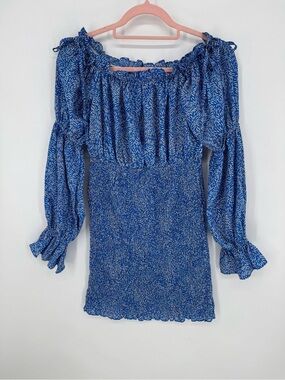 Luxxel Blue Floral Off Shoulder Puff Sleeve Smocked Mini Boho Dress Size Small